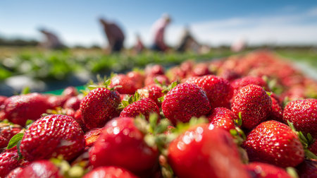 Juicy red berries overflow in a vibrant heap, with busy farm workers picking fruit against a bright sky, capturing the essence of summer's harvest.の写真素材