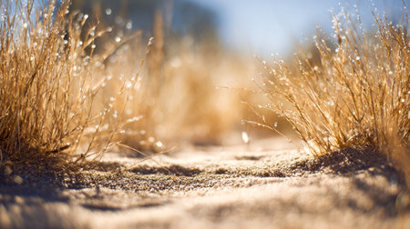 Warm rays highlight sparse, arid vegetation atop sandy terrain, evoking calmness and tranquility through gentle light and a softly blurred horizon.の写真素材