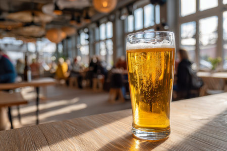 A crisp, frosty pint of golden lager gleams in a transparent glass, set on a rustic wooden surface amid a vibrant, contemporary brewery bustling with cheerful guestsの写真素材