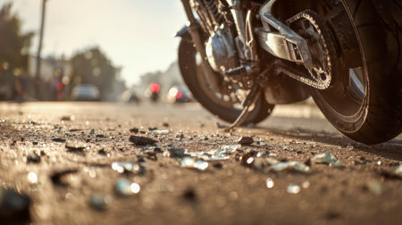 A lone motorcycle wheel rests on a sun-drenched city street, with fragmented glass glinting on the pavement as golden light bathes the scene, with distant cars softly visible.の写真素材