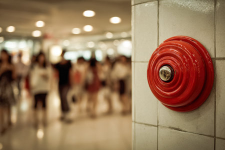 A striking crimson bell affixed to a tiled wall in a lively indoor hub, with bustling figures and luminous lighting creating a vibrant urban atmosphere.の写真素材