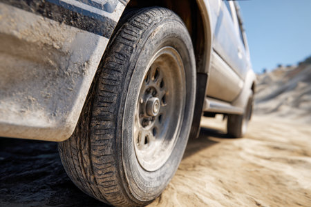 A rugged tire coated in dust grips uneven desert sands beneath a bright, cloudless sky, embodied resilience and the spirit of off-road exploration.の写真素材