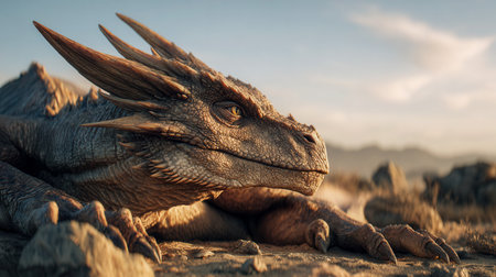 A majestic, intricately-scaled beast lounges peacefully on rugged stones beneath a glowing sunset, with distant peaks and a cloud-streaked sky creating a enchantingの写真素材