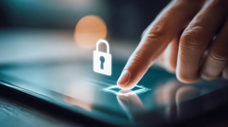 A individual engages with a tablet, showing a luminous 3d hologram of a lock symbol, emphasizing modern digital safeguards and cyber defense strategies.の写真素材