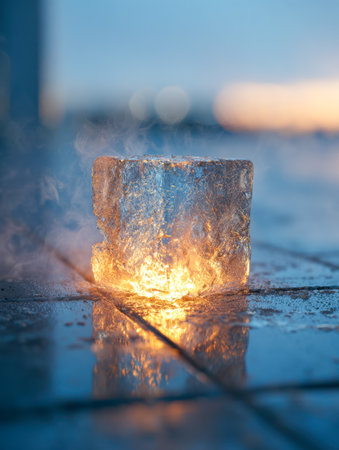 A luminous ice cube slowly dissolving on a shiny tiled floor, its internal amber glow softly radiating as dusk shadows deepen outdoors.の写真素材