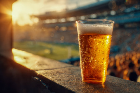 A chilled drink shimmering in sunlight, nestled in a clear plastic cup, amidst a vibrant outdoor arena with energetic spectators fading into a warm, golden glow.の写真素材