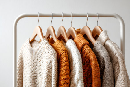 Plush sweaters in warm, natural shades are displayed on a sleek white rack, their rich textures and organic hues evoking comfort and seasonal charm indoors.の写真素材