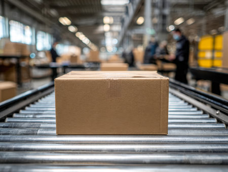 A robust shipping box glides along a conveyor in a bustling warehouse, with staff sorting packages beneath bright industrial lighting overhead.の写真素材