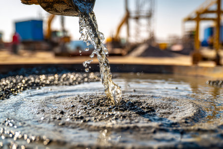 Clear water cascades over loose gravel, forming gentle ripples amid an out-of-focus industrial setting, evoking freshness and structural contrast in daylight.の写真素材