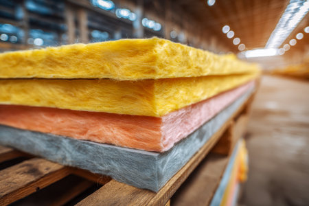Brightly hued mineral wool panels are neatly arranged on wooden pallets, set within a vast warehouse illuminated by soft, diffused lighting for storage and transportの写真素材