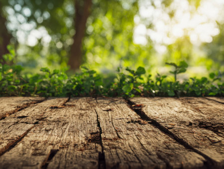 A textured wooden tabletop adorned with vibrant green foliage, set against a softly illuminated backdrop of sun-drenched trees and lush greenery in nature's serenityの写真素材