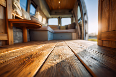 Sunlit interior featuring rich wood tones, rustic details, and a plush seating nook that exudes warmth and invites relaxation on a peaceful road trip.の写真素材