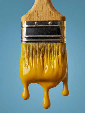 A rustic wooden brush coated in bright yellow paint, with drips cascading from the bristles, set against a crisp blue backdrop perfect for inspiring artの写真素材