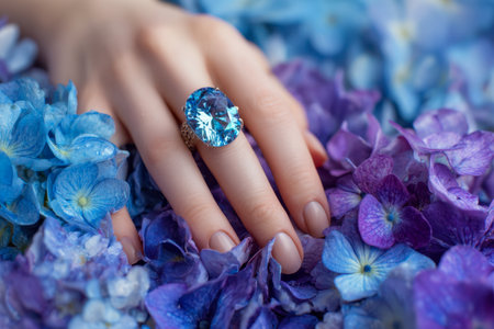 A graceful hand with a dazzling sapphire-inspired ring delicately touches a bloom of rich purple and blue hydrangea petals, illuminated by gentle natural light.の写真素材