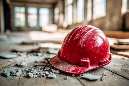 A solitary crimson helmet lies abandoned on a weathered wooden surface, surrounded by scattered rubble in a sun-drenched, incomplete building interior.の写真素材