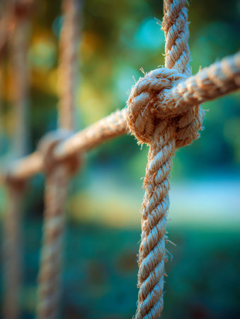 A close-up of a resilient rope knot linking upright and lateral fibers, set against a gentle, out-of-focus outdoor scene bathed in warm, golden-hour light.の写真素材