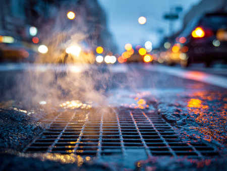 Midnight rain slicks the pavement as vivid neon reflections dance among drifting steam, immersing the scene in a mysterious, bustling city vibe.の写真素材