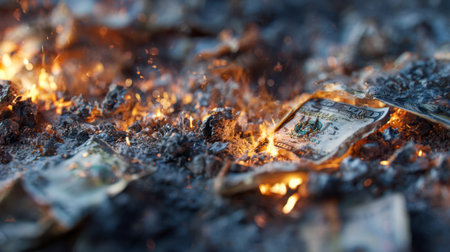 A vivid close-up capturing paper currency consumed by blazing flames, glowing embers, and scattering ash, illustrating themes of economic ruin and volatility.の写真素材