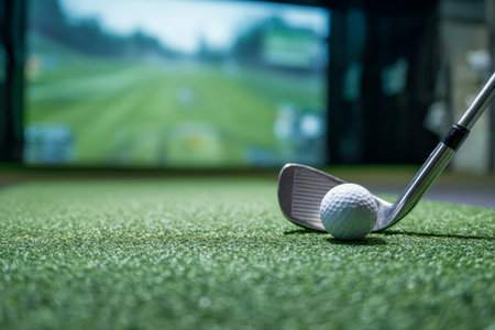 A golfer prepares to swing in an indoor setup, with a vibrant digital course projection providing a realistic backdrop on the simulator screen.の写真素材