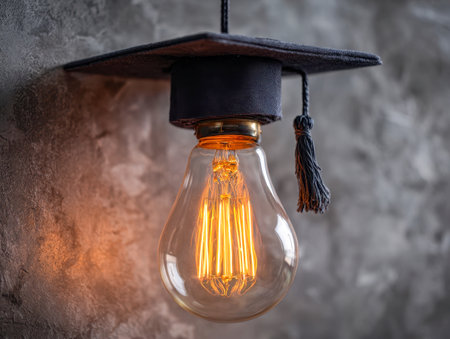 An illuminated retro bulb suspended from a mortarboard, representing innovation and success, set against a vibrant background to inspire educational milestones.の写真素材