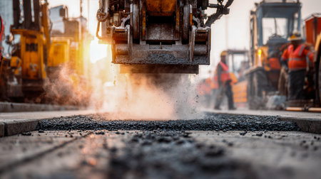 As the sun sets, workers in reflective vests oversee a massive machine smoothing fresh asphalt, transforming the landscape under vibrant orange skies.の写真素材