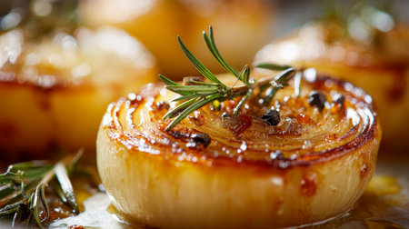 Juicy onion halves with crisp, golden edges, topped with fragrant rosemary and aromatic peppercorns, resting on a textured, weathered surface for a hearty feel.の写真素材