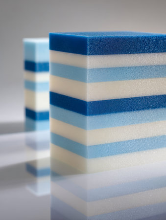 Vibrant blue and white foam bricks nestled on a polished surface, creating sleek reflections within a clean, modern studio atmosphere.の写真素材