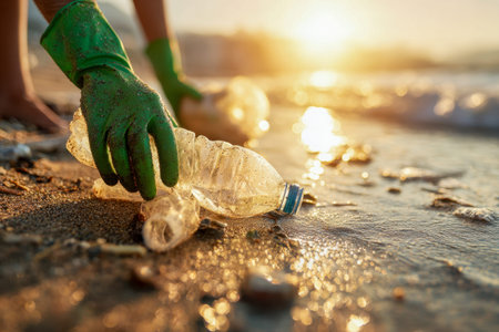 A dedicated individual in vibrant green gloves gathers discarded bottles along a golden shoreline at...