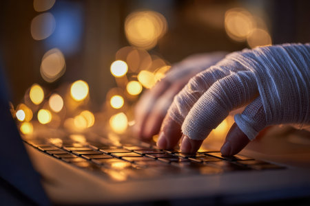 In a quiet night scene, bandaged hands work diligently on a laptop amid gentle, glowing lights, evoking a sense of resilience and comfort in a serene setting.の写真素材