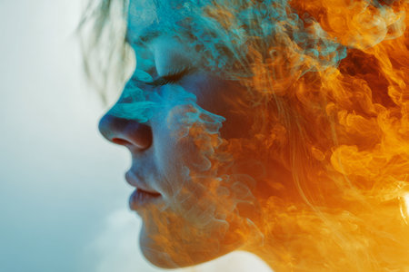 A serene youth's silhouette gracefully merges with vibrant blue and fiery orange swirls, illustrating harmony and the complex spectrum of feelings.の写真素材