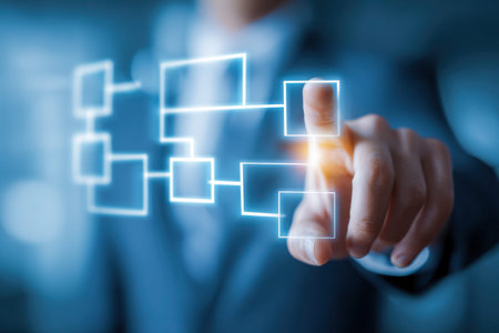 A professional examines a luminous digital diagram in a sleek, modern workspace, embodying...