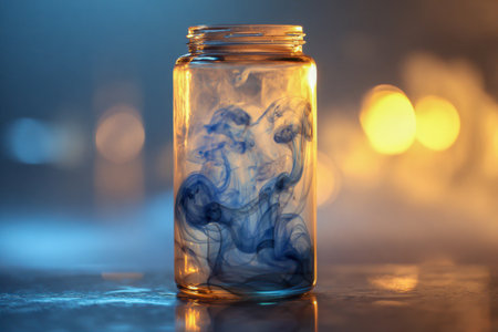 A delicate glass container holds mesmerizing azure waves, casting luminous reflections on a glossy base, enhanced by contrasting warm and cool glows that evoke interiorの写真素材