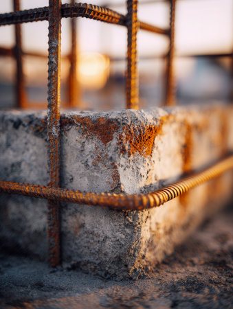 Warm sunlight highlights aged concrete and corroded steel, emphasizing durability, resilience, and the importance of structural integrity at construction sites.の写真素材