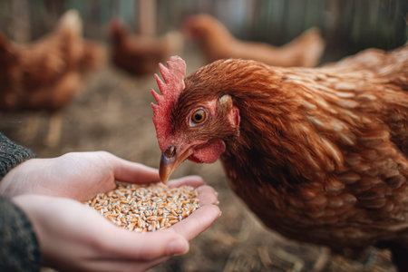 A person delicately offers scattered grains to a hen, surrounded by an array of chickens in a sunlit...