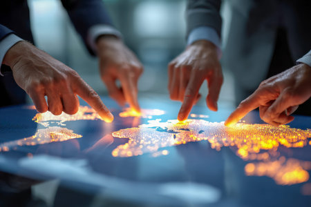 A diverse group of executives analyzes global data displayed on a vibrant digital map, fostering...