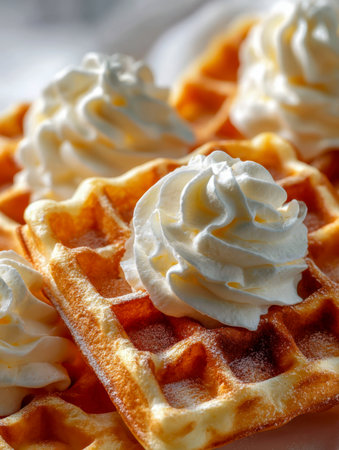 Warm, crispy waffles adorned with fluffy whipped cream spirals, set against a soft backdrop that highlights a sweet morning indulgence or dessert delight.の写真素材