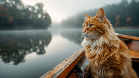 A lively tabby feline with silky fur feathers quietly on a weathered vessel, gazing into the dawn's gentle glow as morning mist cloaks the tranquil lake amid lush treの写真素材