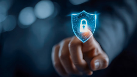 A professional figure gestures towards a glowing digital security emblem, conveying trust and...