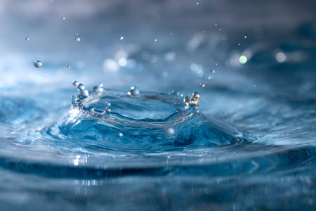 A close-up of a water sphere mid-splash, bursting into a delicate crown with tiny droplets...