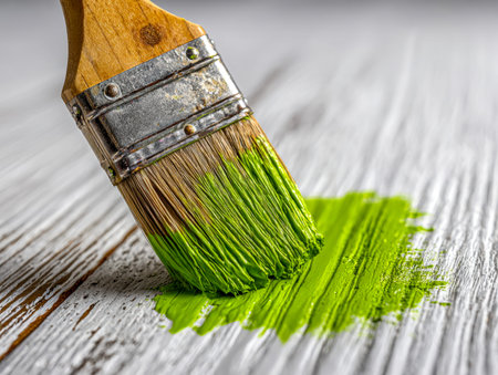 A close-up of a painter's brush delicately spreading vibrant green hue onto a rough white wood surface, highlighting detailed bristles and a natural wood grip.の写真素材