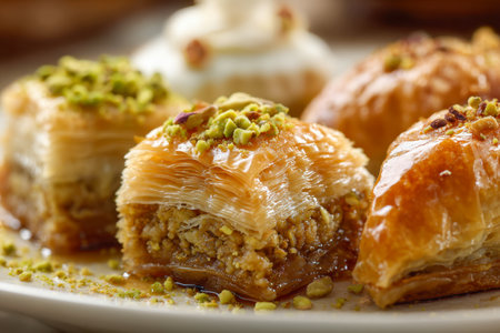A sumptuous Middle Eastern dessert featuring a layered, golden-brown pastry generously glazed in syrup and sprinkled with vibrant pistachio bits, exuding rich culturの写真素材
