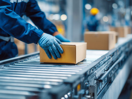A vigilant employee in safety gloves carefully manages parcels along a sleek conveyor in a...