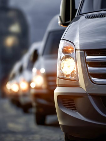 A detailed shot captures a row of metallic vans illuminated by their headlights amidst city traffic...