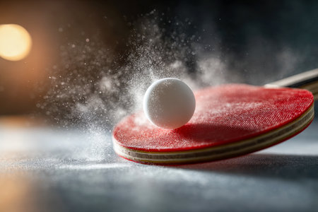 A high-energy scene capturing a tiny sphere rebounding off a vibrant red paddle, igniting a cloud of particles in intense lighting against a shadowy backdrop.の写真素材