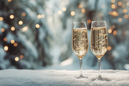 Delicately crafted glasses of bubbly rest amid crisp snow, illuminated by soft twinkle lights, evoking warmth and celebration in a tranquil winter scene.の写真素材