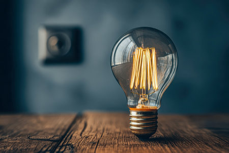 A retro-inspired glowing filament bulb rests on weathered wood, evoking warm nostalgia, while a soft, out-of-focus wall and outlet set a cozy, rustic scene.の写真素材