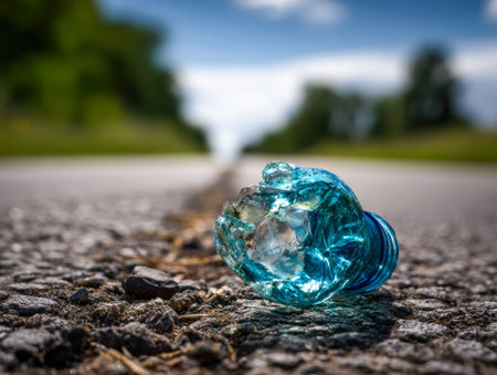 A shattered blue glass container lies abandoned along a quiet country road, with a soft, blurred landscape and vivid sky enhancing the scene's tranquil yet neglectedの写真素材