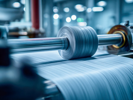 A sleek, high-tech factory scene featuring synchronized metal rollers in motion, expertly shaping extensive sheets amidst dynamic turbulence and precise focus.の写真素材