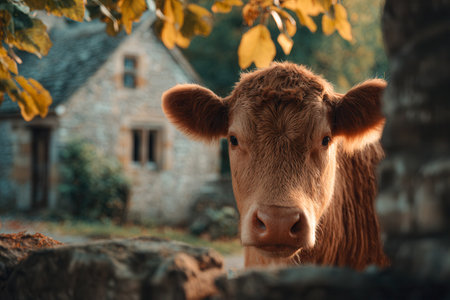 A young brown cow peers over a weathered stone wall amid fallen autumn leaves, with a quaint stone cottage softly blurred in the serene rural landscape.の写真素材