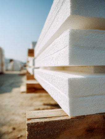 Rows of pristine white foam panels are neatly stacked on wooden pallets beneath a bright, cloudless sky, evoking a sense of organized outdoor storage ready for constの写真素材